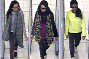 Kadiza Sultana (from left), Shamima Begum and Amira Abase go through security at Gatwick airport.