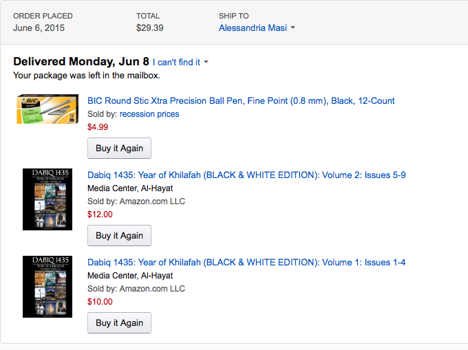 ISIS propaganda magazine were delivered to a New York City building via Amazon Prime, June 8, 2015. Amazon.com