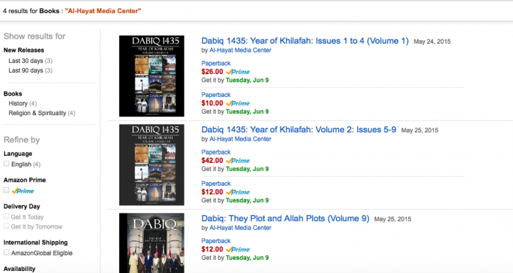 Different versions of ISIS propaganda magazine Dabiq were available for purchase on Amazon.com, June 6, 2015. Amazon.com