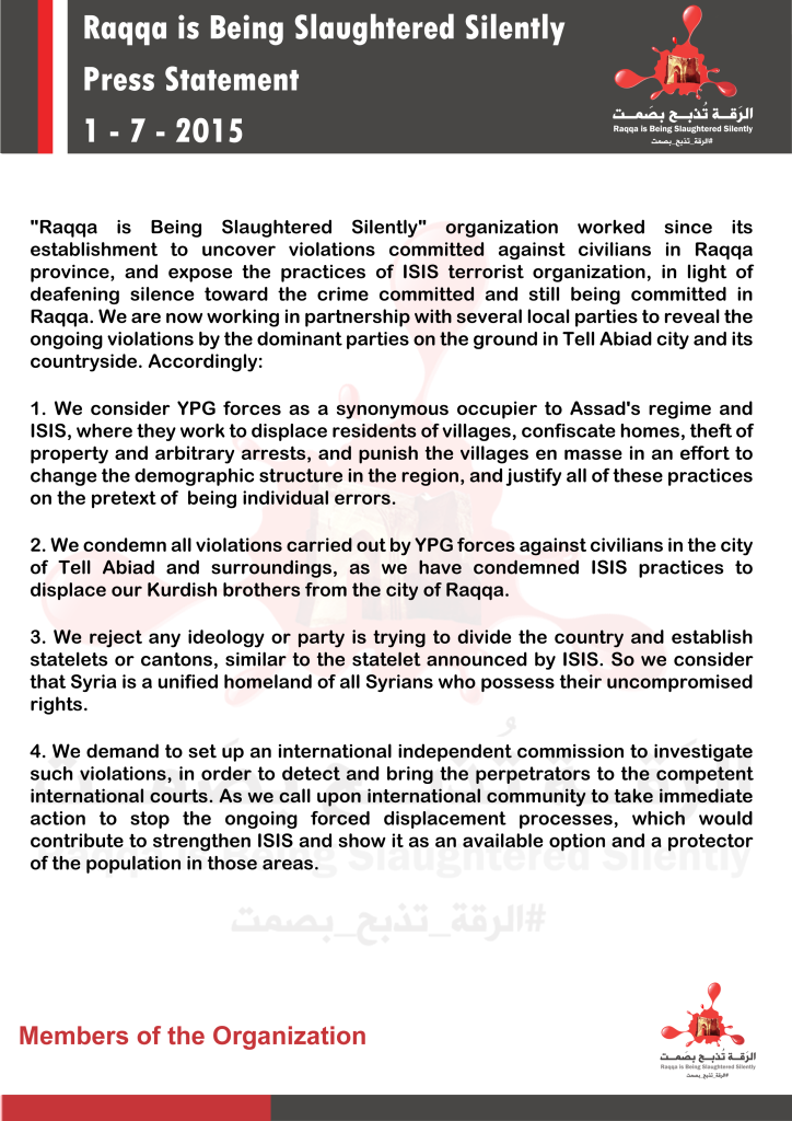 Press Statement from Raqqa is Being Slaughtered Silently
