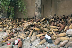 Mortar shells are piled up in the back of a school playground in Raqqa, Syria. Ruth Sherlock/NPR